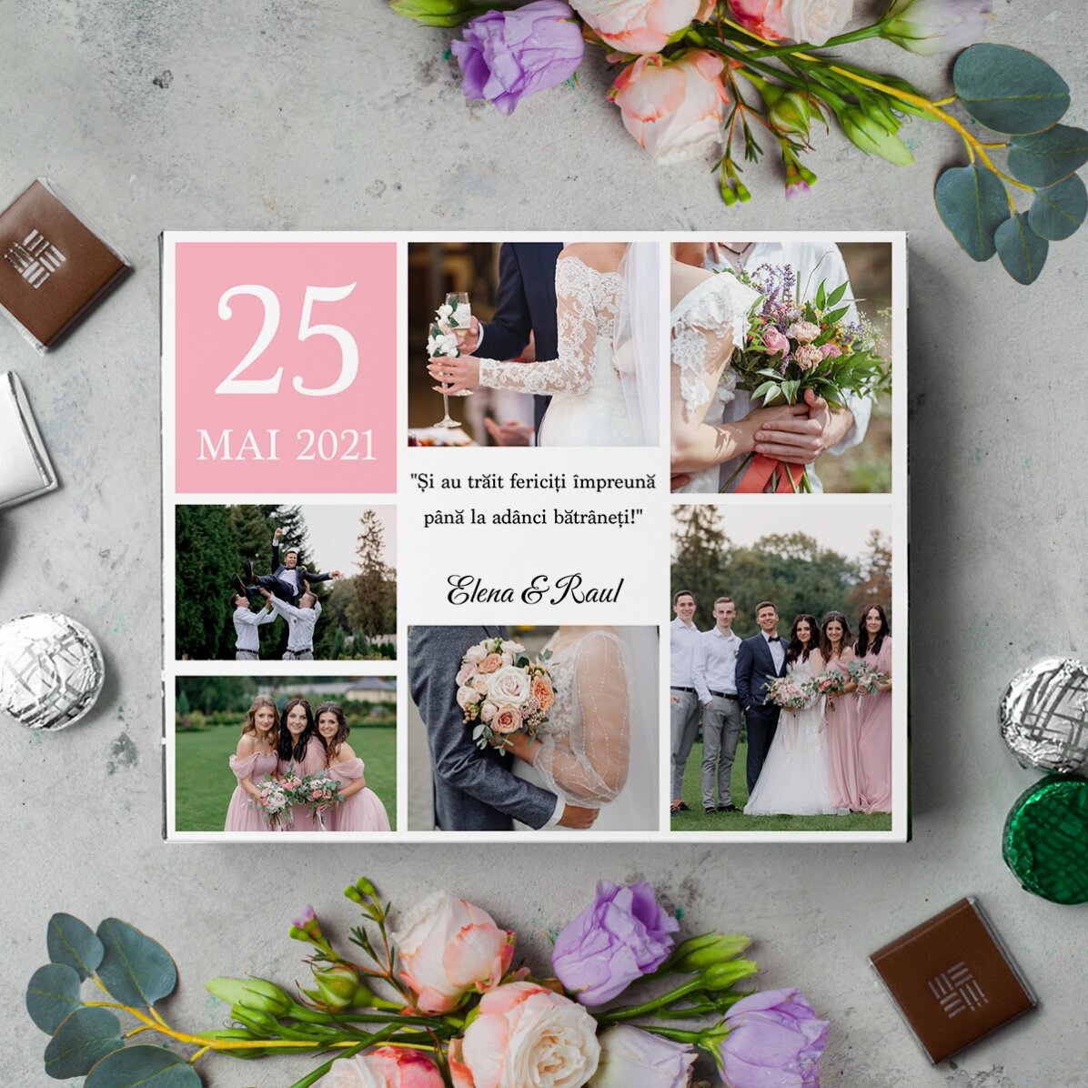 Cutie de bomboane personalizată cu 6 poze și mesaj pentru cei dragi