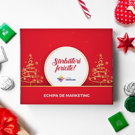 Cutie de bomboane personalizată cu logo și mesaj - Sărbători fericite