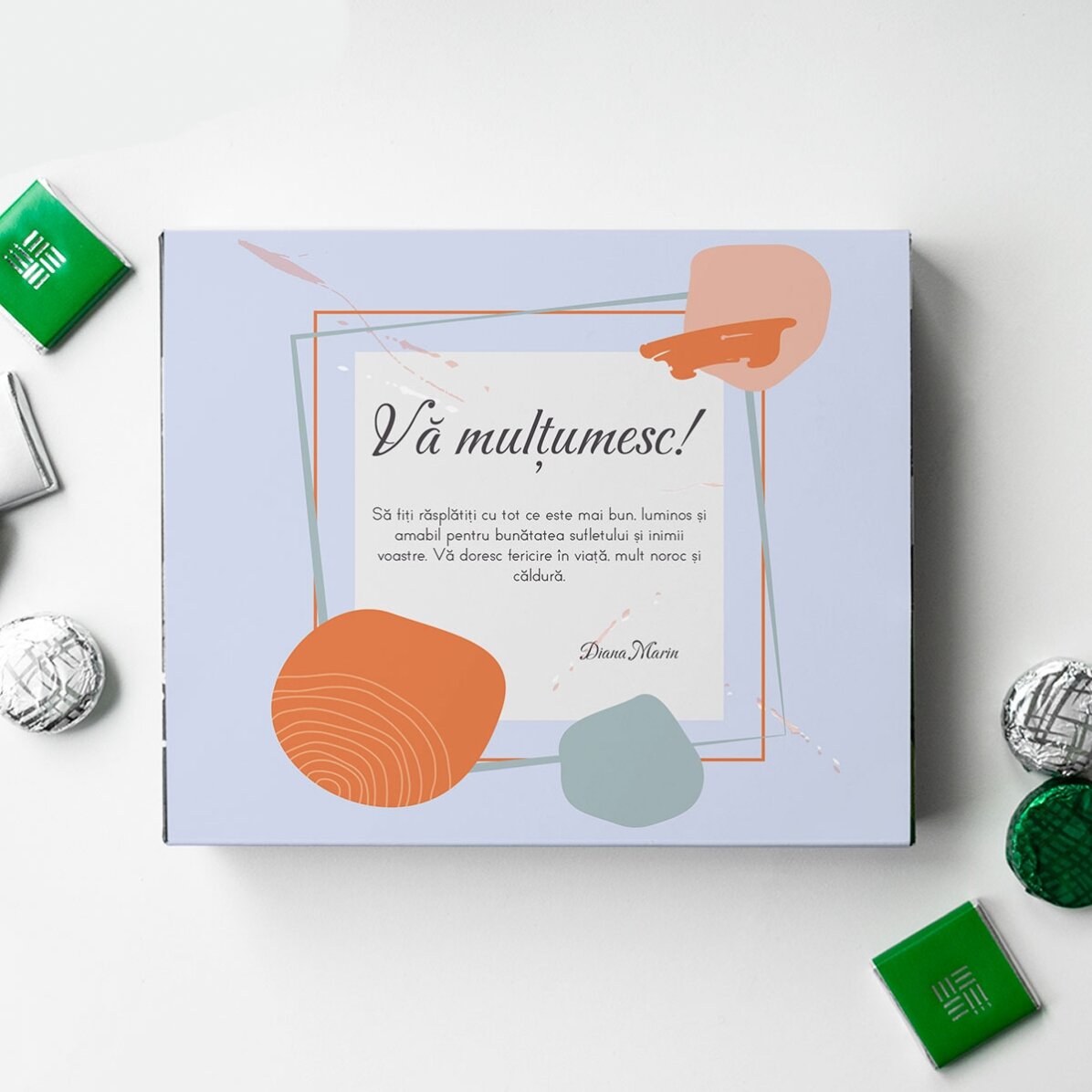 Cutie de bomboane personalizată cu mesaj de mulțumire