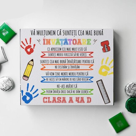 Cutie de bomboane personalizată cu mesaj pentru învățătoare