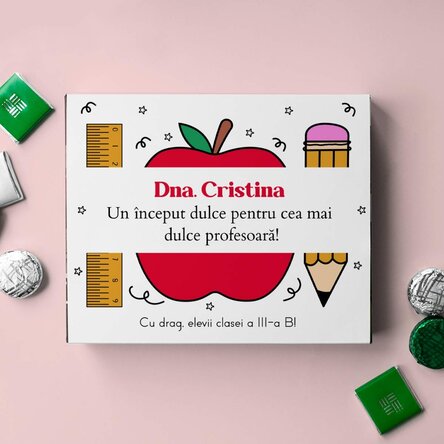 Cutie de bomboane personalizată cu mesaj pentru profesoare