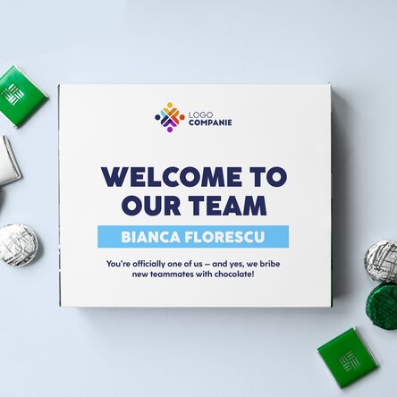 Cutie de bomboane personalizată cu mesaj și logo pentru angajați