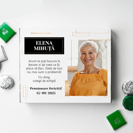 Cutie de bomboane personalizată cu mesaj și poză - Pensionare