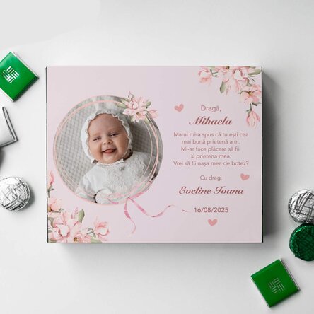 Cutie de bomboane personalizată cu o poză și mesaj pentru botez - Cerere nași