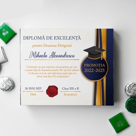 Cutie de bomboane personalizată cu text de mulțumire pentru Doamna Dirigintă 