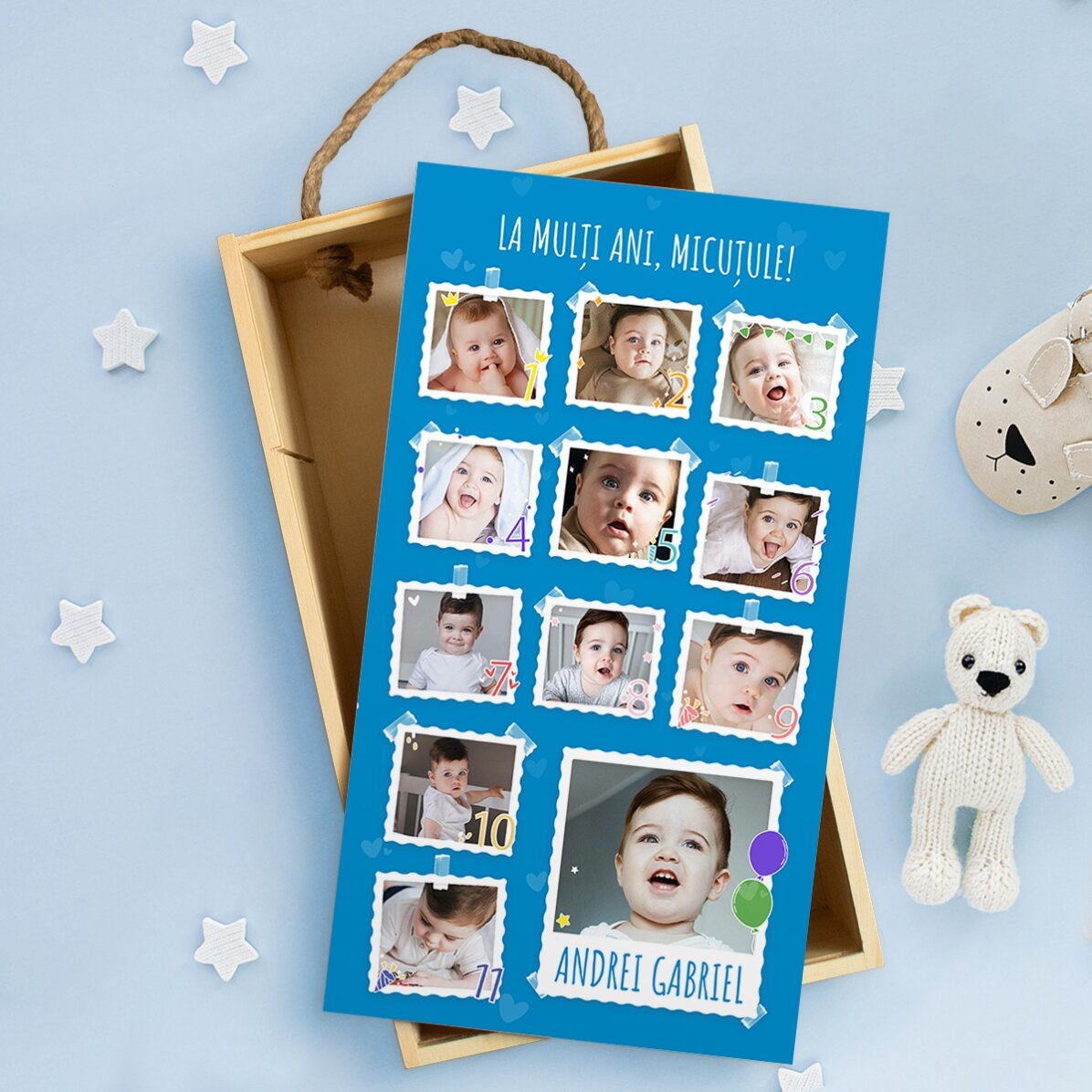 Cutie de cadou din lemn personalizată cu 13 poze și text - Aniversarea primului an