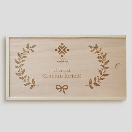 Cutie de cadou personalizată din lemn cu logo și text - Crăciun fericit!