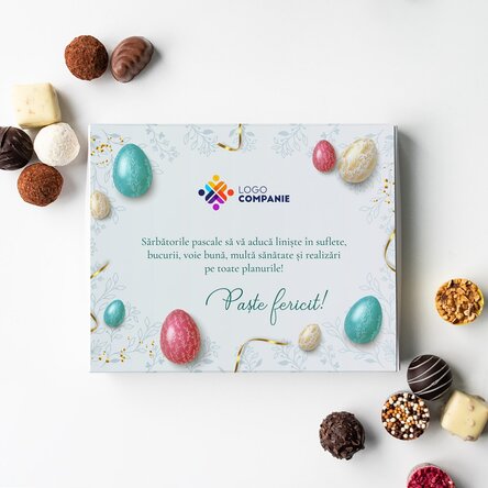 Cutie de trufe deluxe personalizată cu logo și mesaj - Paște fericit!