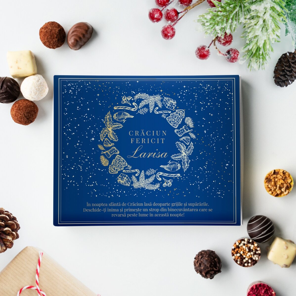 Cutie de trufe deluxe personalizată cu mesaj - Crăciun fericit