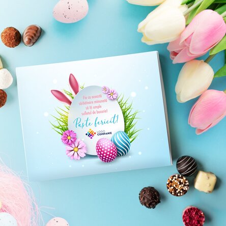 Cutie de trufe personalizată cu text și logo - Paște fericit