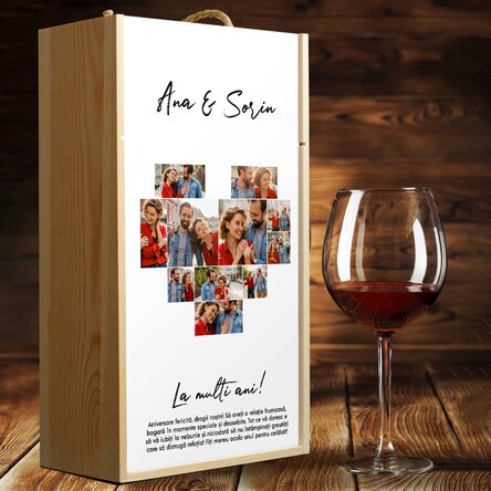 Cutie de vin pentru 2 sticle personalizată cu 11 poze și mesaj - Inimă