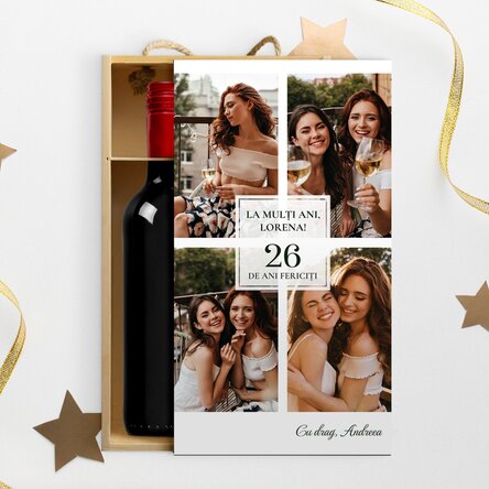 Cutie de vin pentru 2 sticle personalizată cu 4 poze și text - La mulți ani