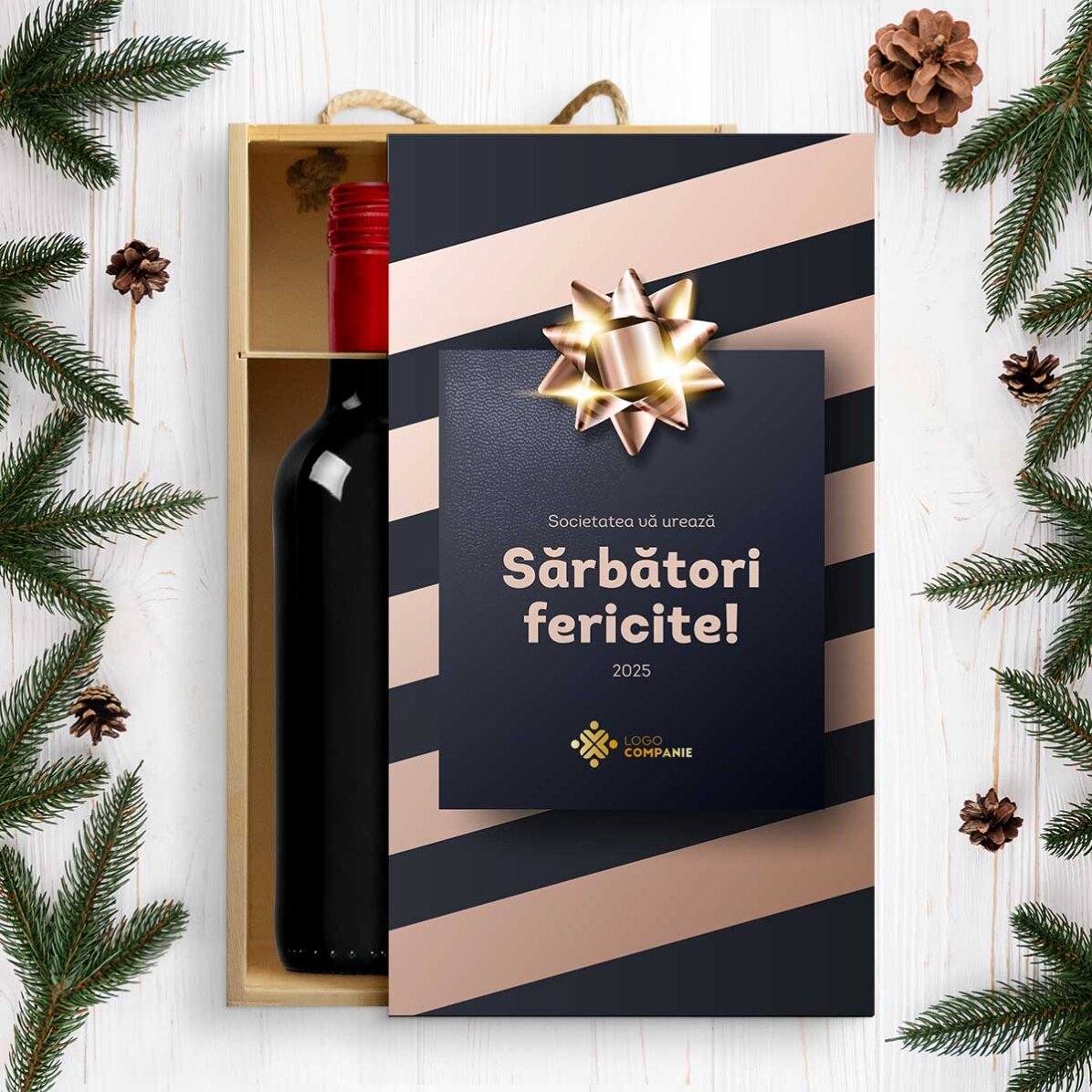 Cutie de vin pentru 2 sticle personalizată cu logo și text - Cadou de Sărbători