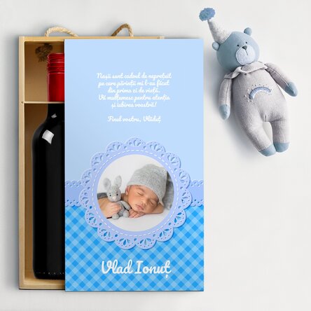 Cutie de vin pentru 2 sticle personalizată cu text pentru nasi - Băiețel