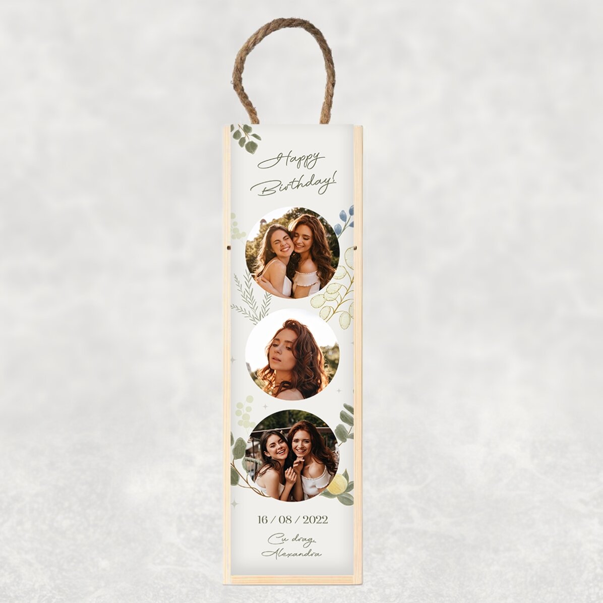 Cutie de vin personalizată cu 3 poze și text - Pentru ea