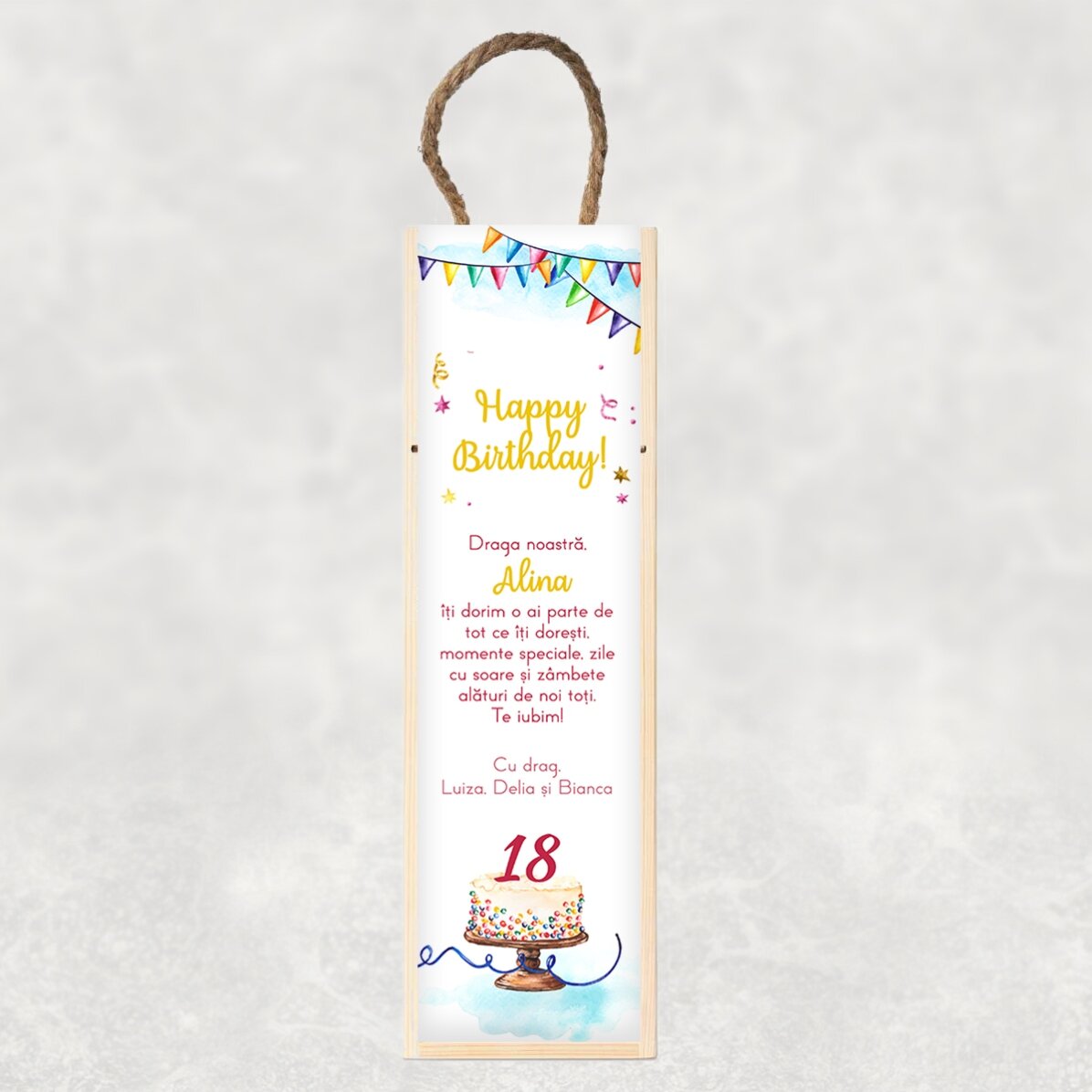 Cutie de vin personalizată cu mesaj pentru majorat