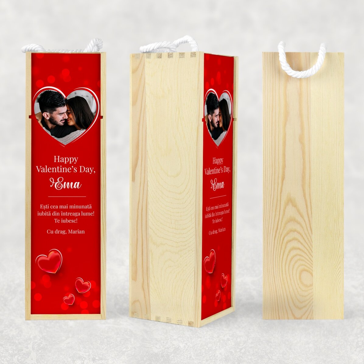 Cutie de vin personalizată cu o poză și mesaj - Happy Valentine