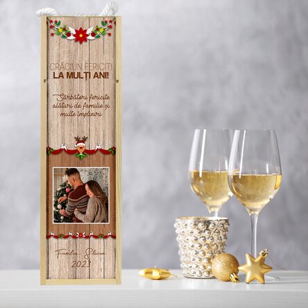 Cutie de vin personalizată cu poză și text - Model de Crăciun