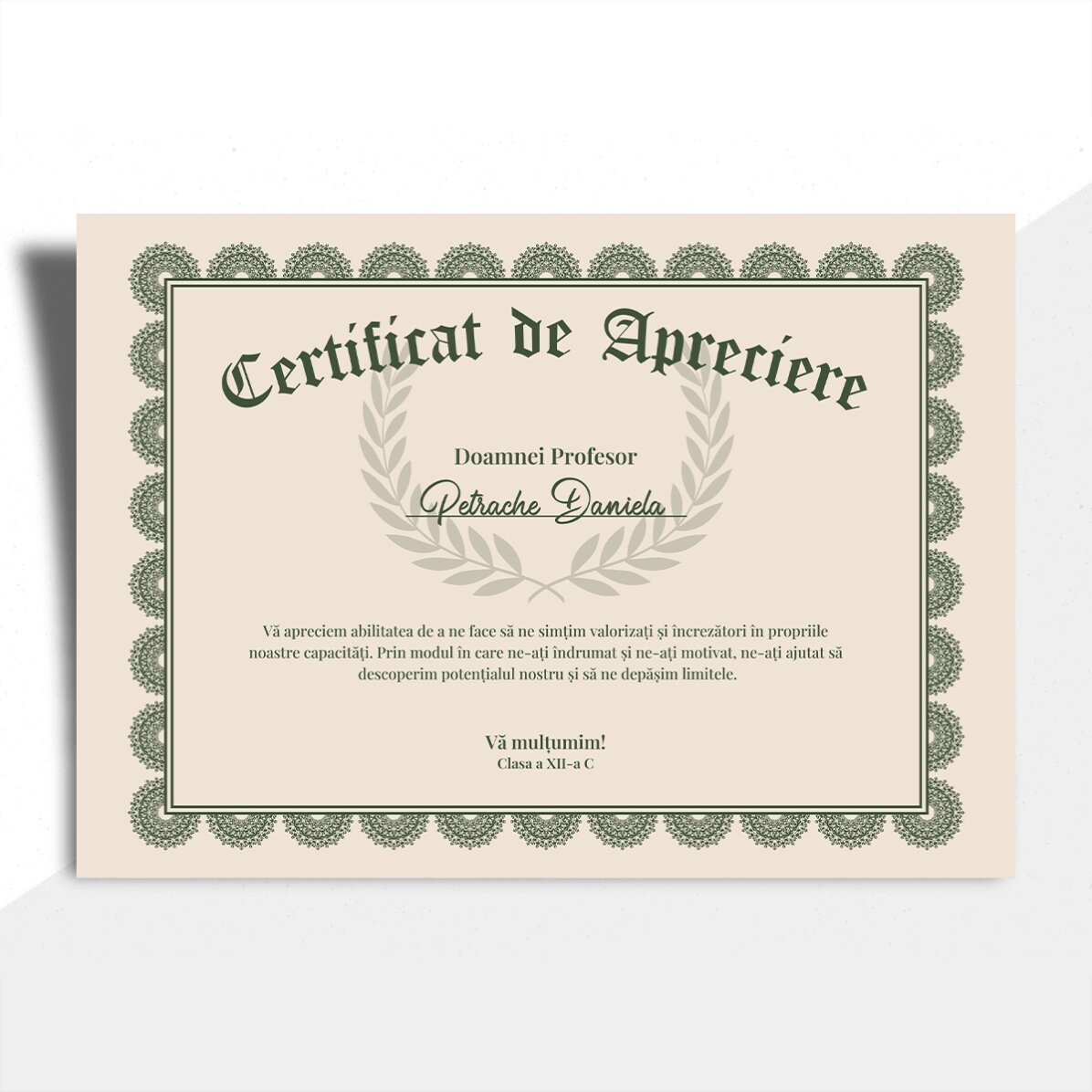 Diplomă personalizată text - Certificat de apreciere