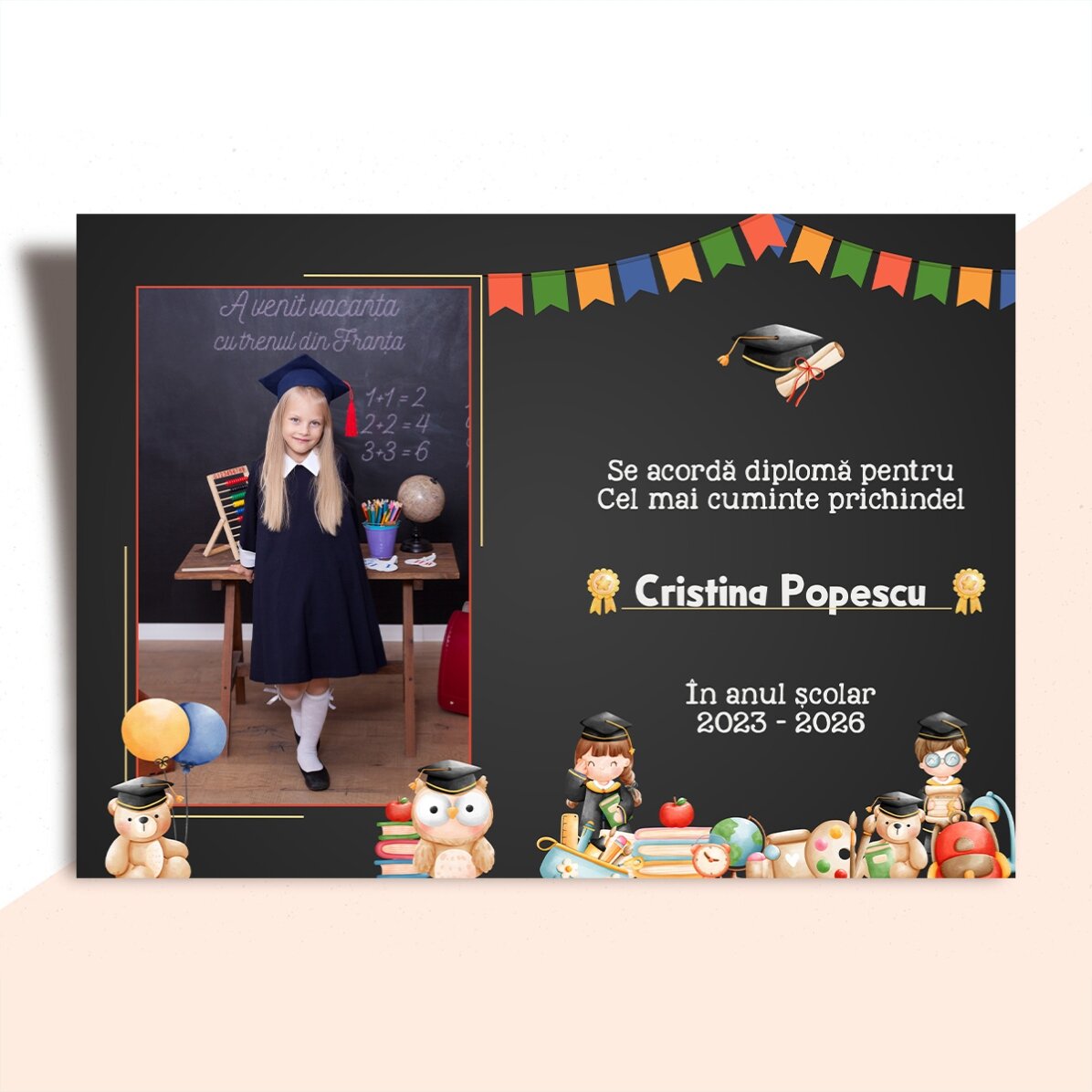 Diplomă personalizată cu poză și text - Pentru școlărei