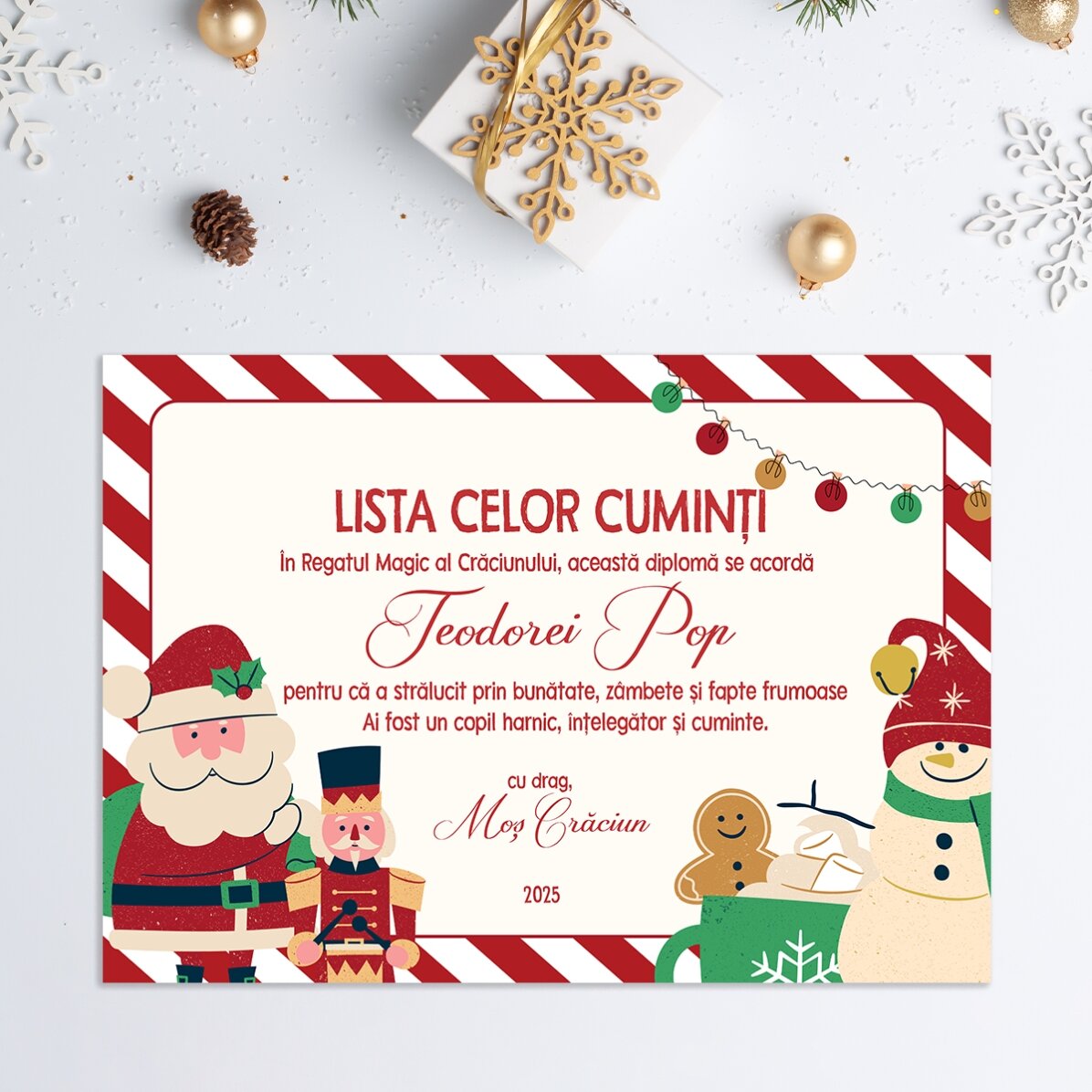 Diplomă personalizată cu text - Lista celor cuminți