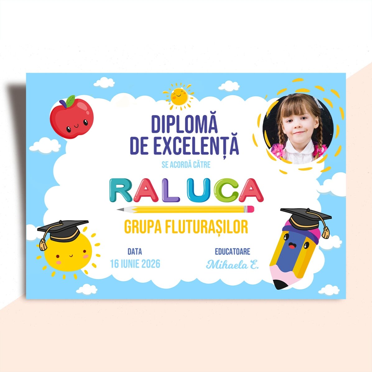 Diplomă personalizată cu text și poză - Diplomă de excelență pentru copii