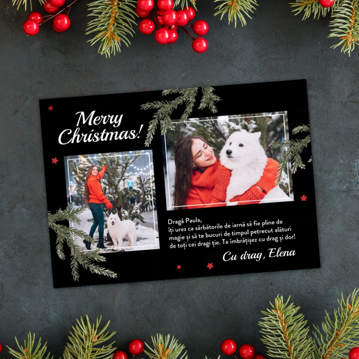 Felicitare magnetică personalizată cu 2 poze și mesaj de Crăciun 
