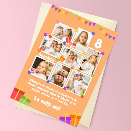 Felicitare magnetică personalizată cu 8 poze și mesaj pentru copii - Zi de naștere