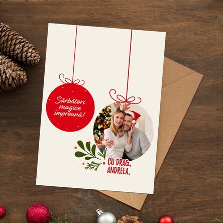 Felicitare magnetică personalizată cu o poză în formă de glob de Crăciun pentru cuplu