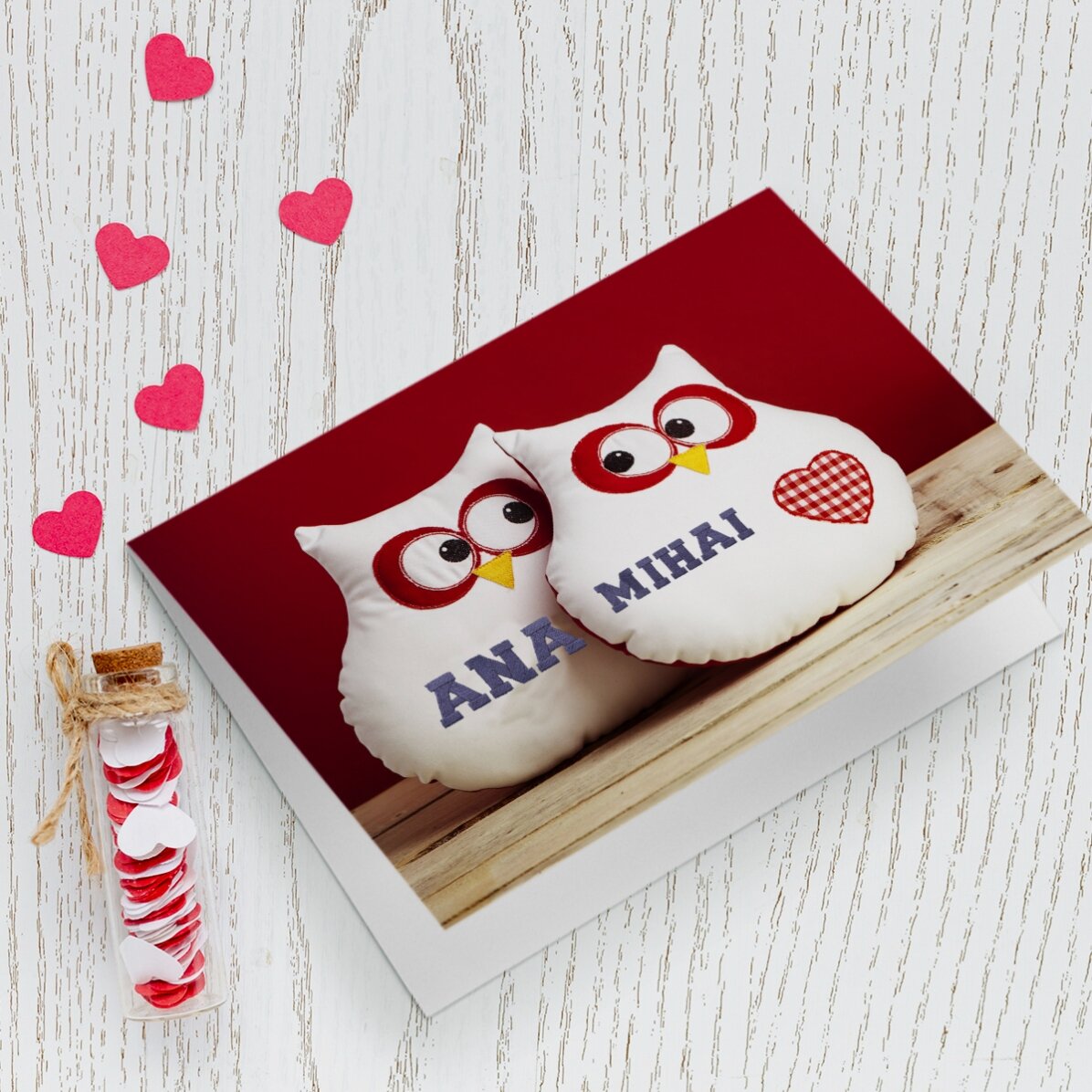 Felicitare personalizată bufnițe cu inimioară