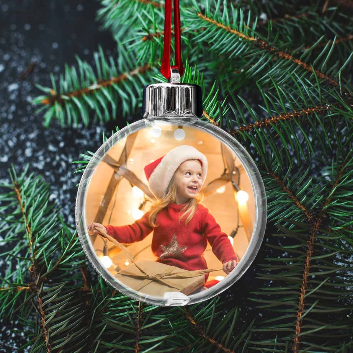 Glob transparent personalizat față-verso cu o poză și mesaj - Crăciun fericit!
