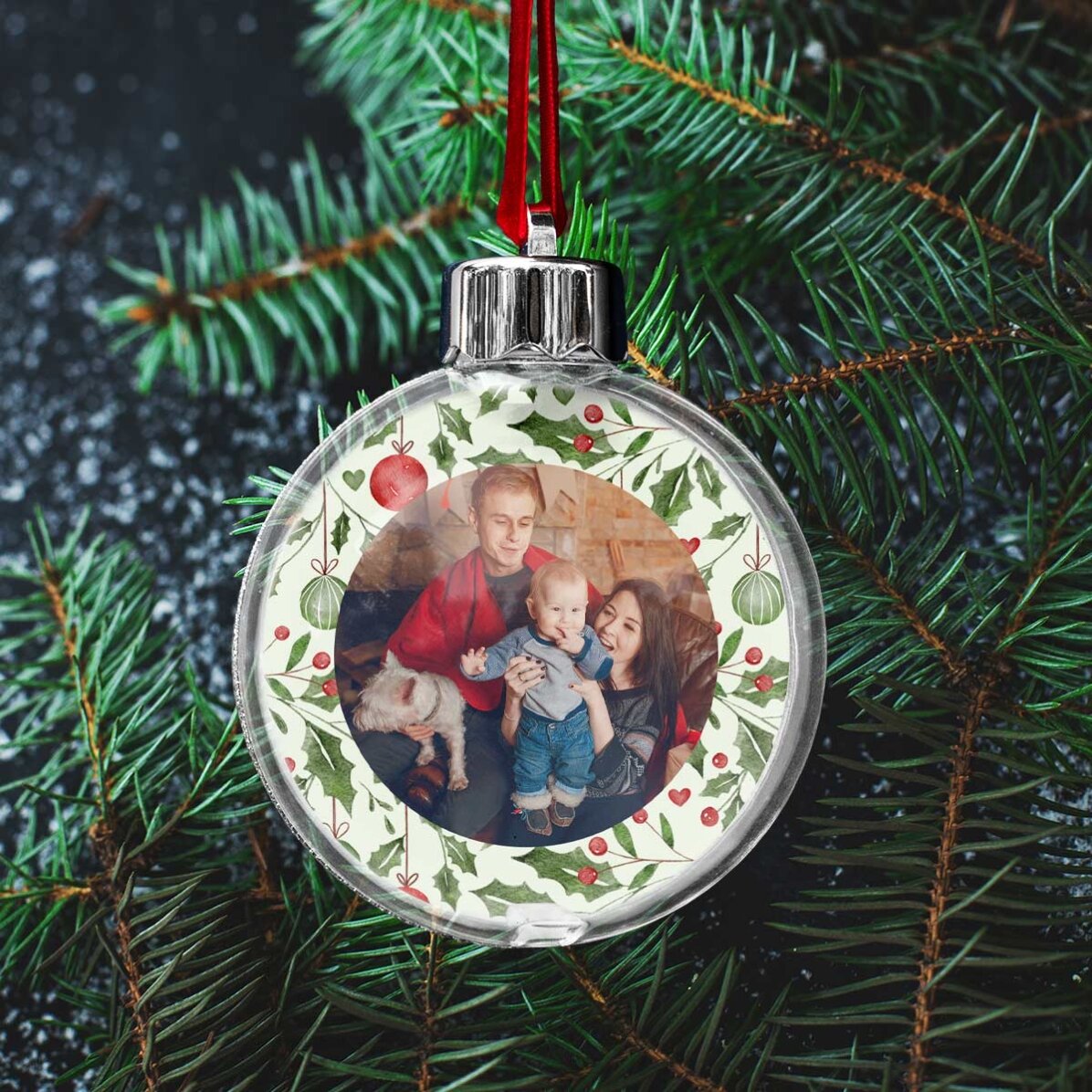 Glob transparent personalizat față-verso cu o poză și mesaj - Primul meu Crăciun