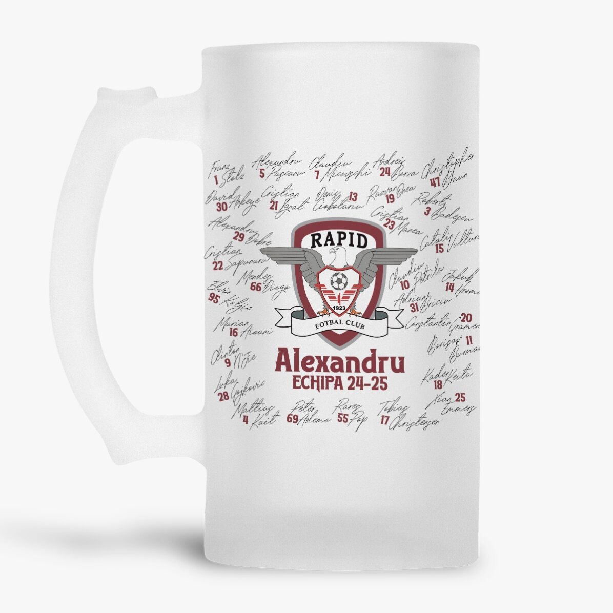 Halbă de bere FC Rapid personalizată cu text - Echipa 24-25