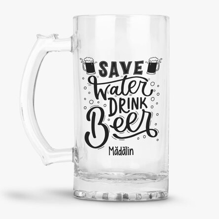 Halbă de bere personalizată cu mesaj - Save Water, Drink Beer  