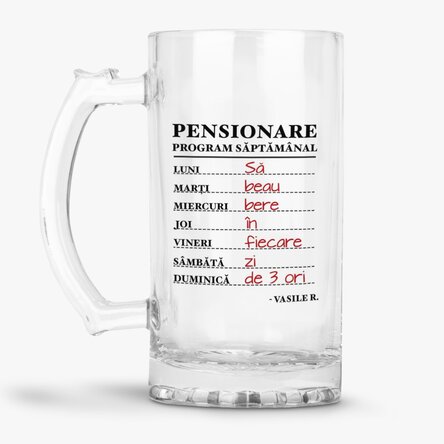 Halbă de bere personalizată cu text pentru pensionare
