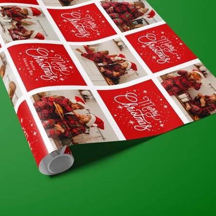 Hârtie de împachetat cadouri personalizată cu 12 poze și text - Pătrățele și mesaje de Crăciun