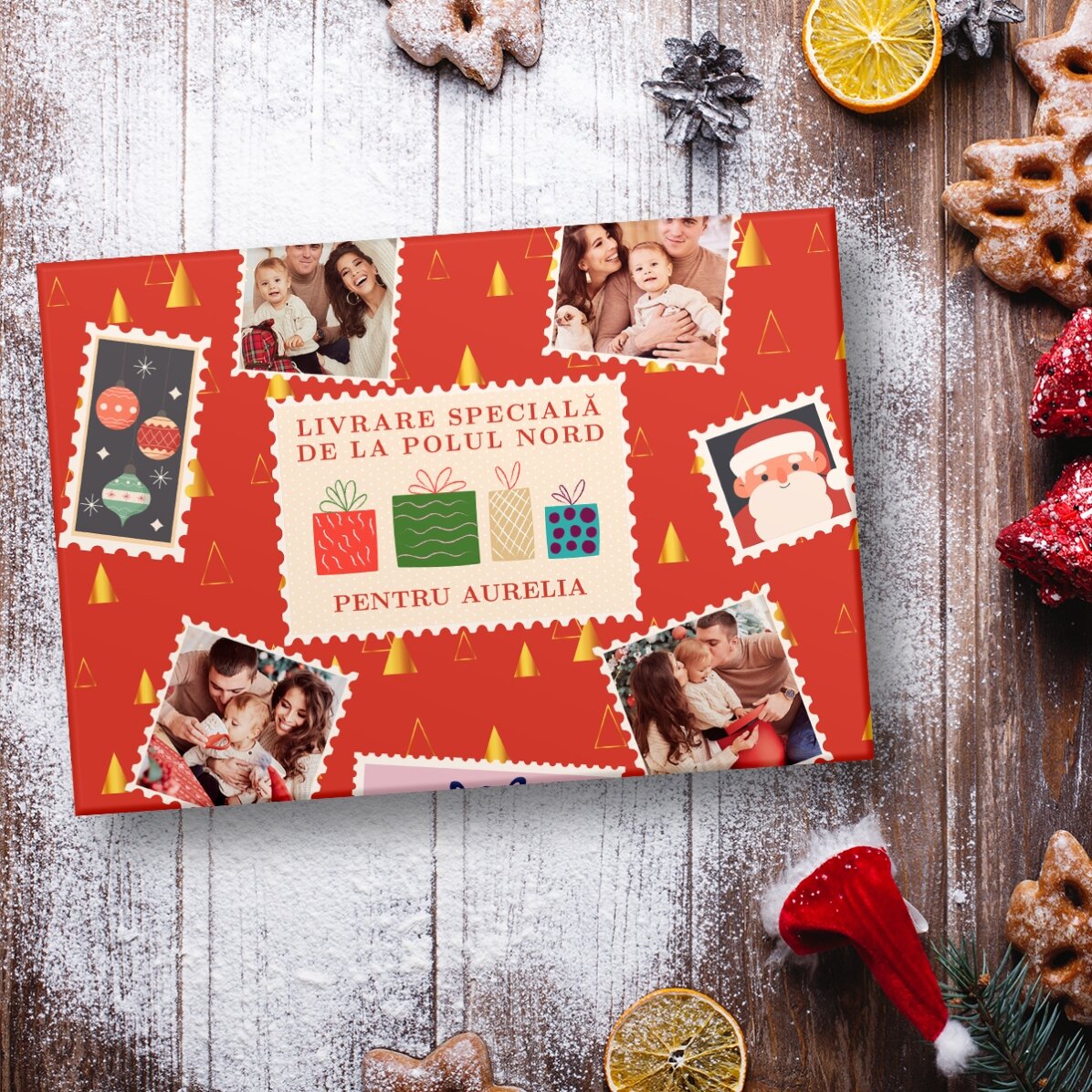 Hârtie de împachetat cadouri personalizată cu 4 poze și text - Timbre de Crăciun 