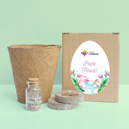 Kit de plantat flori în cutiuță personalizată cu logo și text - Paște Fericit!