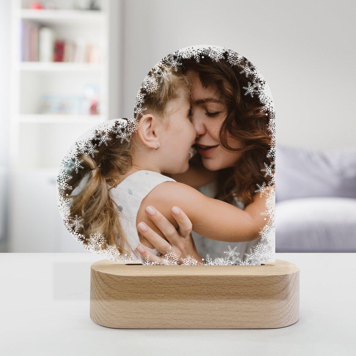 Lampă veghe LED inimă personalizată cu o poză - Fulgi de nea