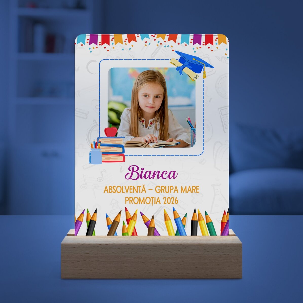 Lampă veghe LED personalizată cu o poză și mesaj pentru copii - Absolvire