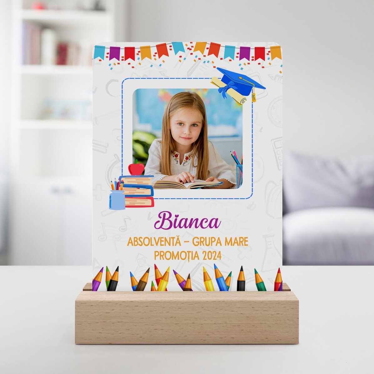 Lampă veghe LED personalizată cu o poză și mesaj pentru copii - Absolvire