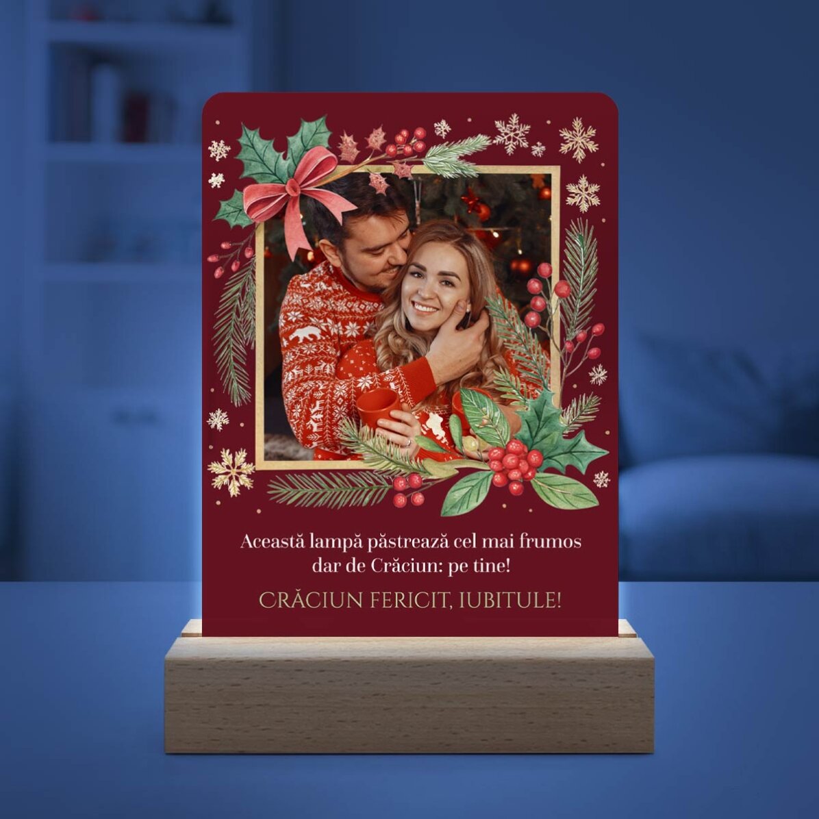 Lampă veghe LED personalizată cu poză și mesaj - Crăciun fericit!