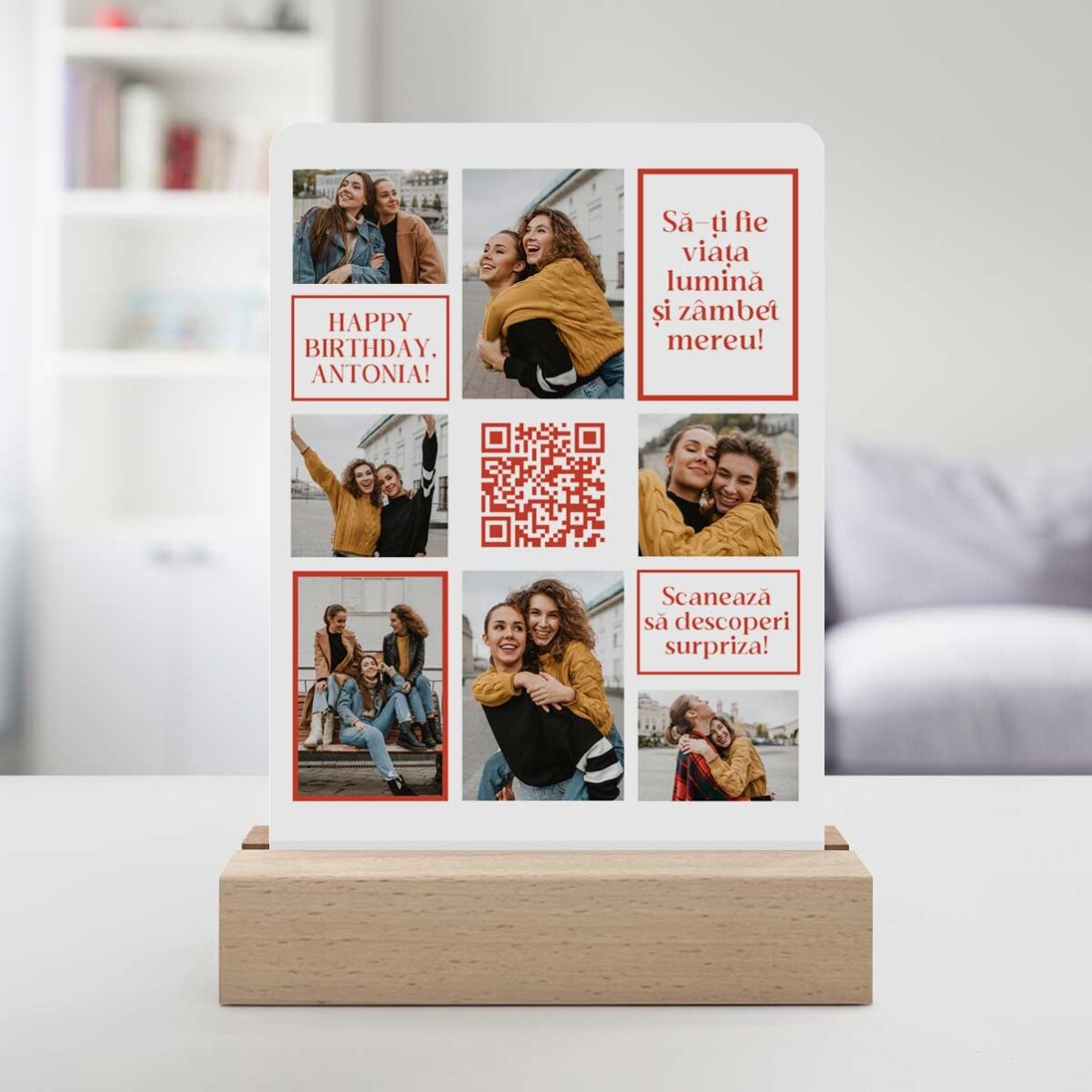 Lampă veghe LED personalizată cu 7 poze, mesaj și cod QR - La mulți ani!