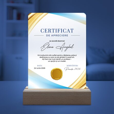 Lampă veghe LED personalizată cu mesaj - Certificat de apreciere