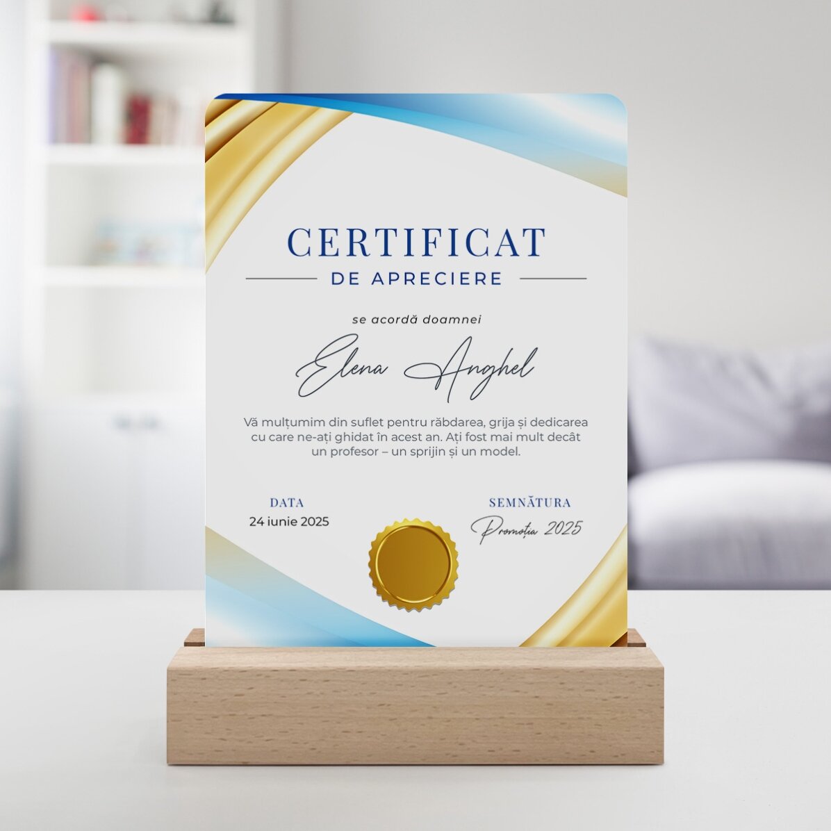 Lampă veghe LED personalizată cu mesaj - Certificat de apreciere