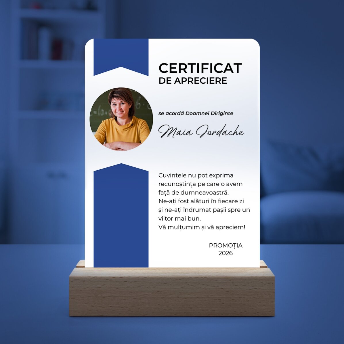 Lampă veghe LED personalizată cu o poză și mesaj - Certificat de apreciere