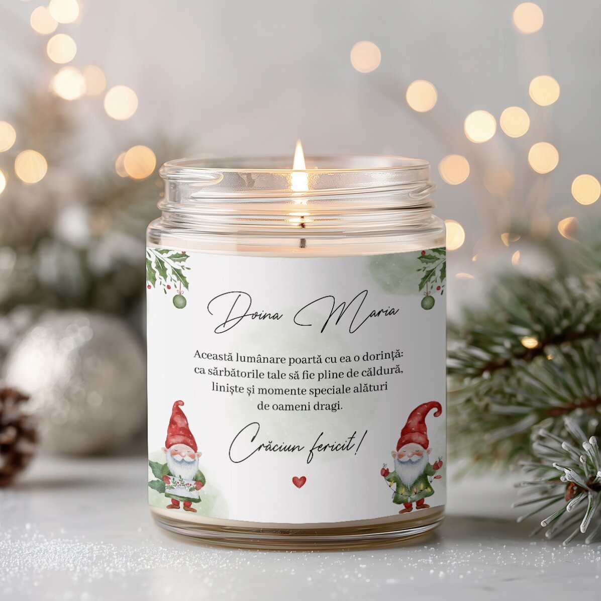 Lumânare mare parfumată personalizată cu text - Spiriduși