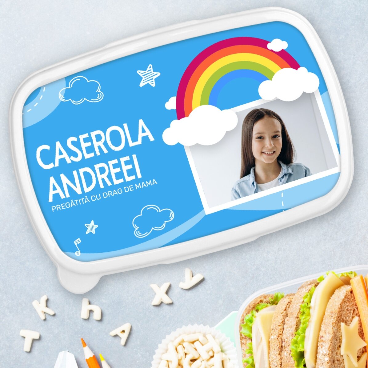 Lunch box, caserolă personalizat cu o poză și nume - Model curcubeu