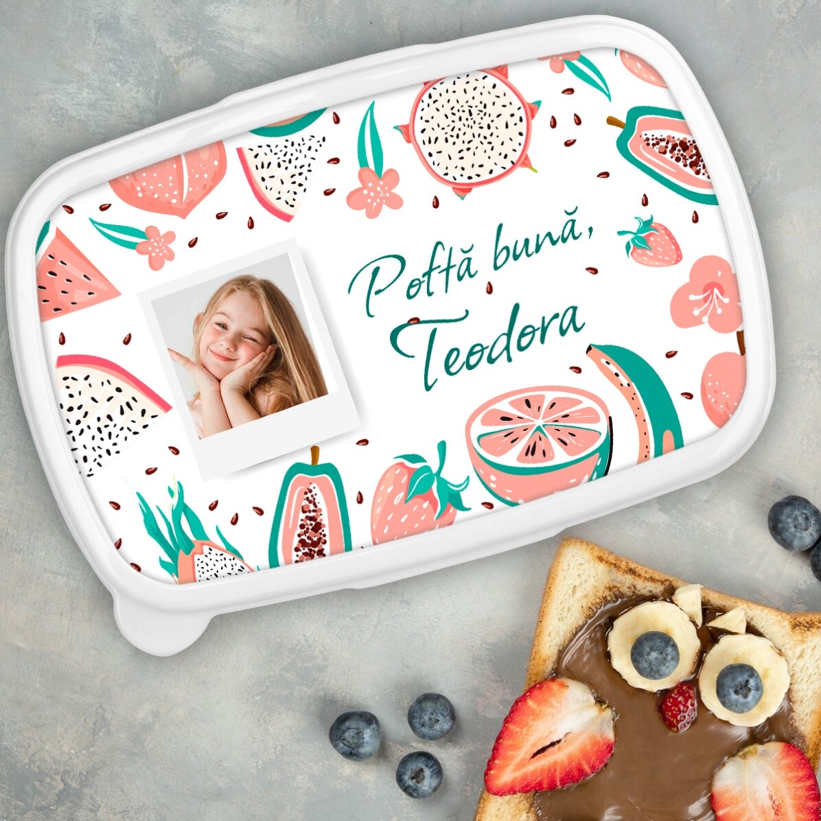 Lunch box, caserolă personalizat cu o poză și mesaj - Fructe