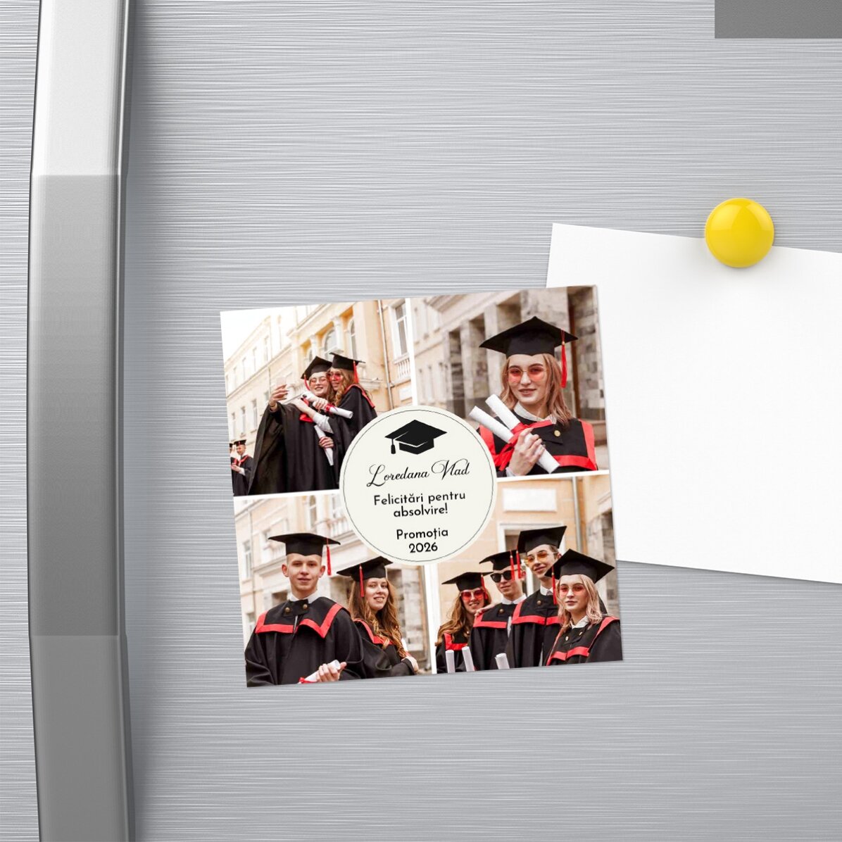 Magnet 10x10 cm personalizat cu 4 poze și text - Absolvire